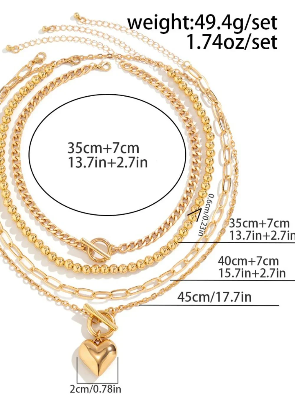 4 Layer Stackable Gold Tone Necklace Round Ball Paperclip Chain Toggle Heart Cha